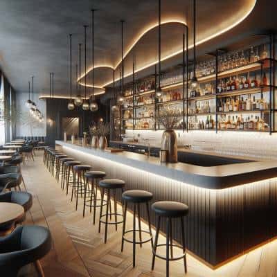 Modern bar interior designed by UK Shop Fitters, with elegant lighting and seating arrangements.