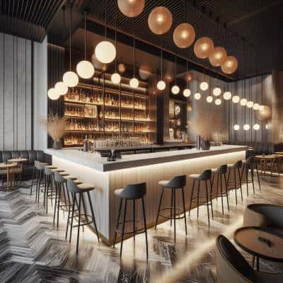 Modern bar with pendant lighting and contemporary decor, designed by UK Shop Fitters.