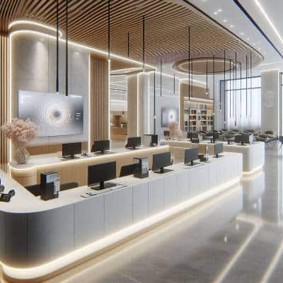 Modern office lobby with reception desks and elegant interior design by UK Shop Fitters.