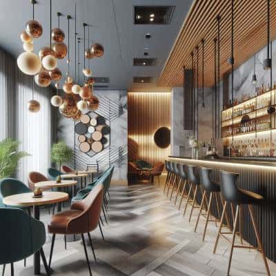 Modern bar interior with hanging spherical lights, geometric wall patterns, and stylish seating by UK Shop Fitters.