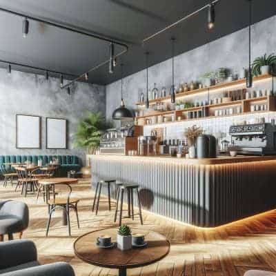 Modern café interior designed by UK Shop Fitters, with empty frames on a textured wall, stylish bar counter, and seating area.