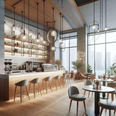 Modern cafe interior with wooden furniture, hanging lights, large windows, and designed by UK Shop Fitters.