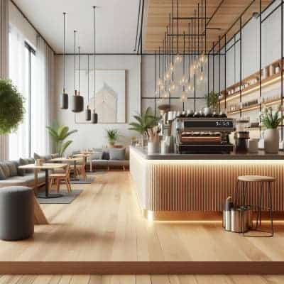 Modern cafe interior with wooden accents, pendant lighting.