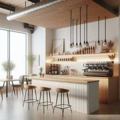 Modern cafe interior with bar stools and wooden accents, designed by UK Shop Fitters.