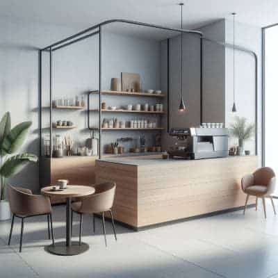 Modern minimalist-style kitchen designed by UK Shop Fitters, with open shelving, a central island, and a small dining area.