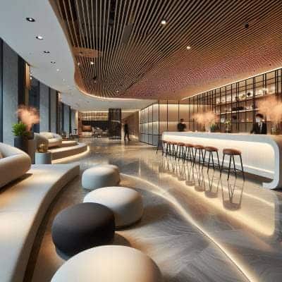 Modern hotel lobby with curved seating areas, decorative lighting.