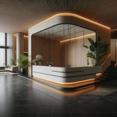 Modern reception area with wooden accent walls, ambient lighting, and tailored by UK Shop Fitters.