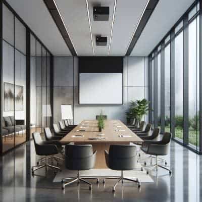 Modern conference room outfitted by UK Shop Fitters, featuring a long table, chairs, and a projector screen.