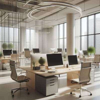 Modern office space with natural light, neatly arranged desks, indoor plants.
