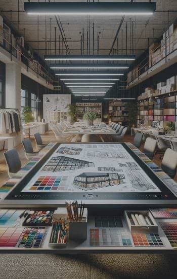 Modern office space with architectural blueprints on the table, design materials, and a UK Shop Fitters bookshelf-lined interior.