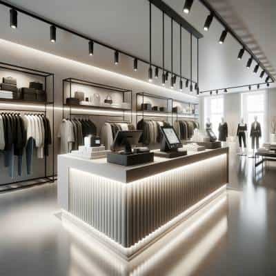 Modern UK shop fitters have crafted the interior of this clothing store with an elegant design and rows of apparel on display.