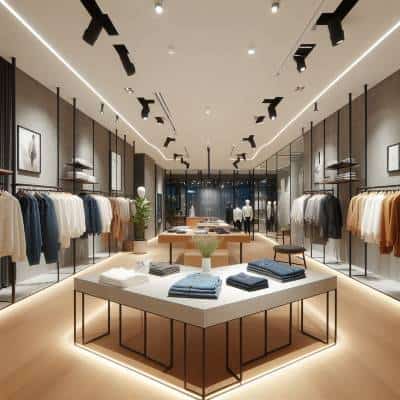 Modern clothing store interior with neatly arranged apparel and stylish design elements, enhanced by UK Shop Fitters.