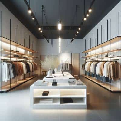 Modern and minimalist UK shop fitters' clothing store interior with elegant lighting and displays.