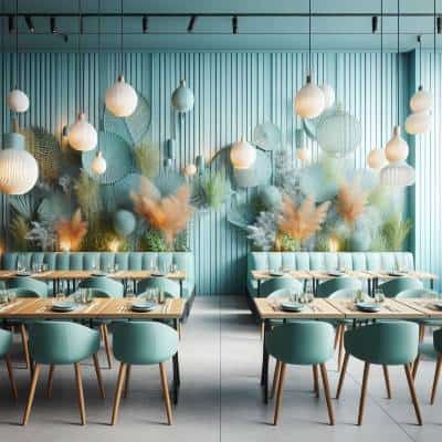 Modern restaurant interior with teal chairs, wooden tables, and assorted hanging lamps against a textured turquoise wall decorated by UK Shop Fitters with foliage.