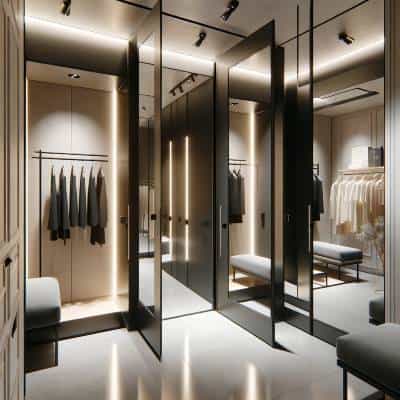 Modern UK shop fitters designed interior with fitting rooms and elegant lighting.