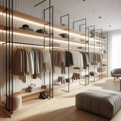 Elegant minimalist UK Shop Fitters' clothing store interior with neutral-toned garments displayed on sleek shelves and racks.