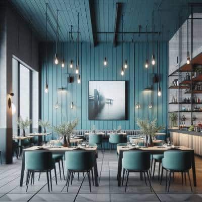 Modern restaurant interior designed by UK Shop Fitters, with blue decor, hanging bulbs, and set tables.